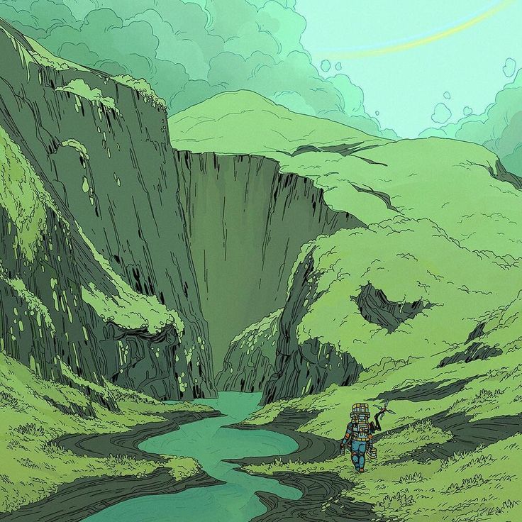 a cartoon landscape featuring green mountains, a river, and a hiker with a backpack. the scene includes a cloudy sky and a canyon. the style of the image is graphic.