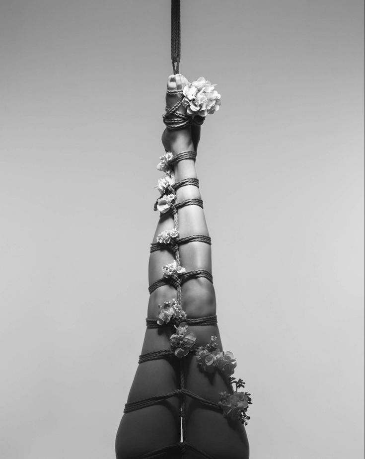 a black and white, closeup photograph of a woman's legs tied up in shibari rope bondage.  the ropes are intricately woven around her legs and feet, and small white flowers are delicately placed amongst the cords. the overall aesthetic is elegant and sensual, with a strong contrast between the dark ropes and the light flowers against a plain light grey background.  the image is artistically composed, focusing on the detail of the bondage and floral embellishment. the legs are suspended upwards, adding to the artistic and slightly surreal quality.