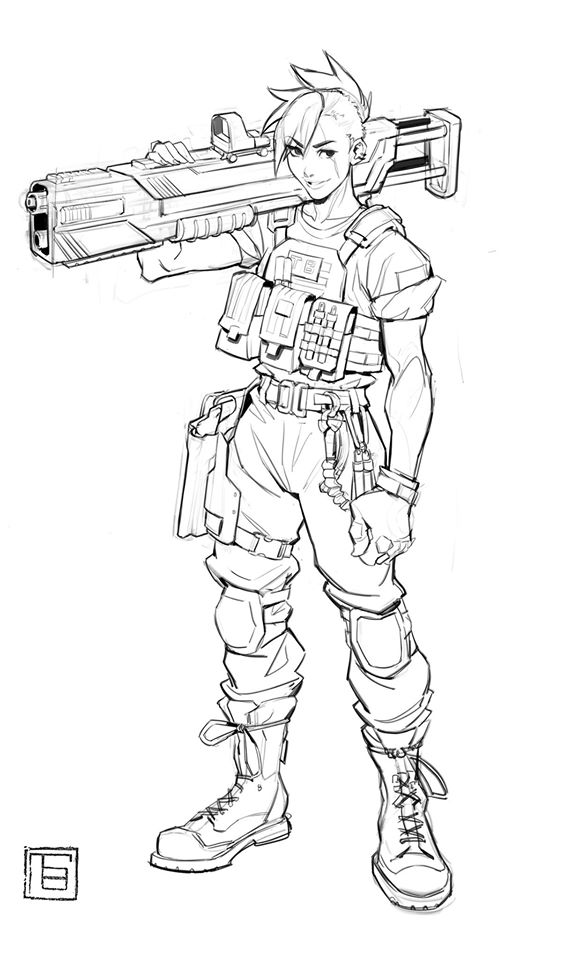 a line drawing of a female soldier carrying a large futuristic rifle. she is wearing tactical gear including a vest, knee pads, and combat boots. her expression is determined. the style is reminiscent of anime or manga. the drawing is a sketch, with loose lines and shading.