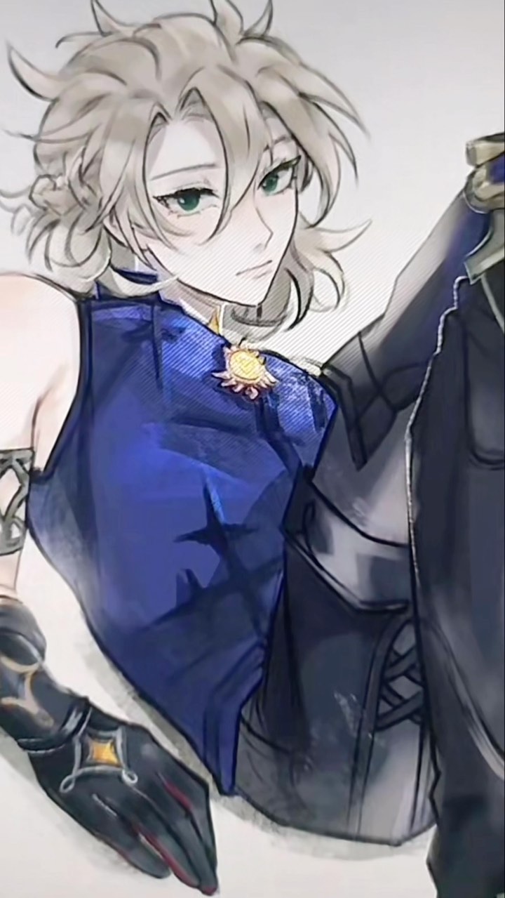 he image is a digital fanart drawing of an animestyle male character. he has blond hair, green eyes, and is wearing a blue sleeveless top with a sunlike ornament and black pants.  he is also wearing dark gloves with gold detailing. the style is elegant and stylish, and the character has a calm and somewhat aloof expression. the art is detailed and features soft shading and highlights. the character is posed casually, almost reclining, with a leg draped over his other.  the background is a simple, light gray, drawing focus to the character.