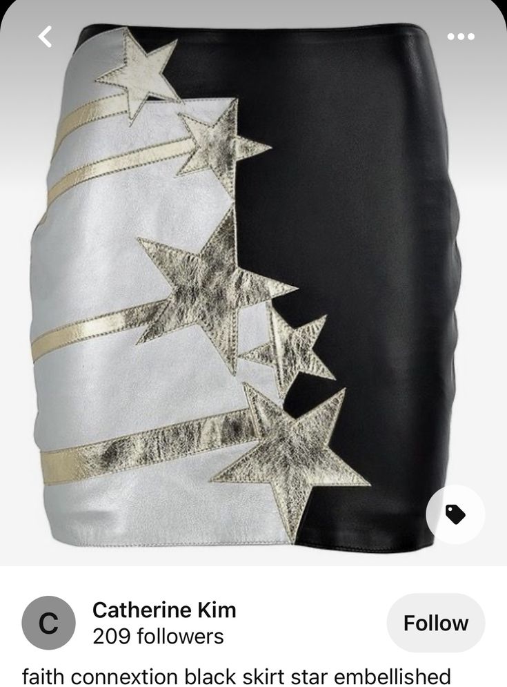 the image features a black and white miniskirt with star embellishments and metallic stripes. the skirt appears to be made of leather, and the star embellishments run along the dividing line between the black and white sections. the text at the bottom identifies the skirt as a "faith connexion black skirt star embellished" and mentions "catherine kim" with "209 followers."