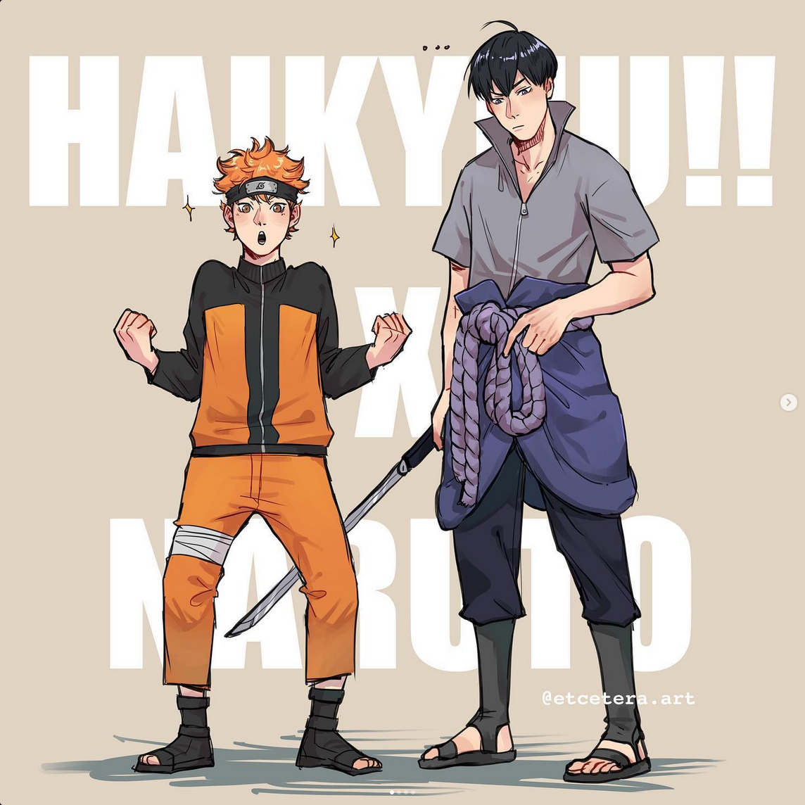an illustration of hinata shoyo from haikyuu!! and sasuke uchiha from naruto standing sidebyside. hinata is dressed in sasuke's outfit and excitedly clenches his fists, while sasuke points to himself with a neutral expression.  the text "haikyuu!! x naruto" frames them against a pale tan background.