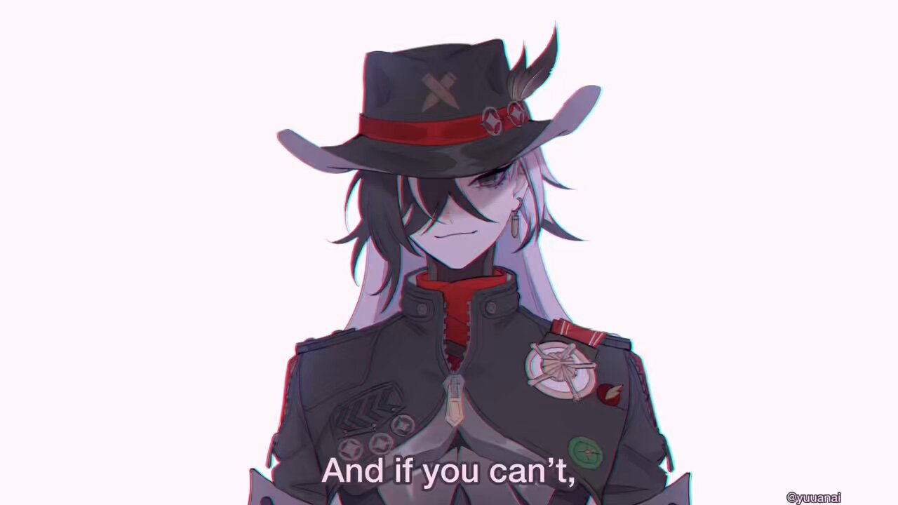 this is a digital illustration of an anime boy with white hair, black eyes, wearing a black cowboy hat with a red ribbon, a black jacket with badges and pins, a red scarf and a red pin on his ear. he is looking at the camera with a slight smirk on his face. the image has a white background and the text "and if you can't," below him.