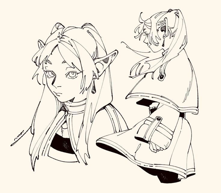 this is a black and white ink drawing of two women. the one on the left has pointy ears and long hair, wearing a cloak with a high collar. her expression is serious, as if lost in thought. the woman on the right also has long hair, and is wearing a cloak with large sleeves. she is turned away from the viewer. the drawing is made with thick lines and has a whimsical and elegant feel to it.