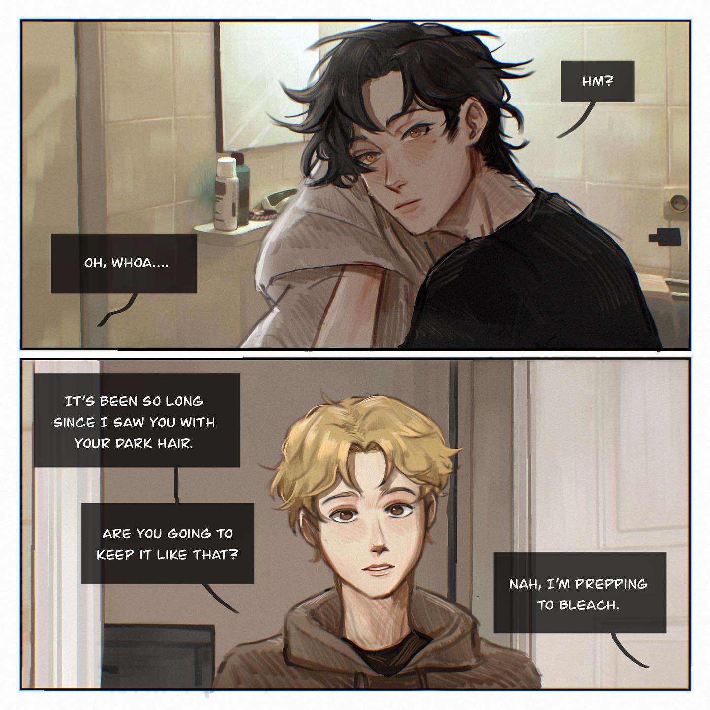 he image is a digital illustration or mangastyle comic featuring two young men. the first panel shows one man with dark hair, looking surprised, while the other with light hair is standing in a bathroom. the second panel shows the same two men, with the blondehaired man saying he is preparing to bleach his hair. the art style is soft and muted, with a focus on the characters' expressions and the dialogue between them.  the overall mood is intimate and slightly romantic.