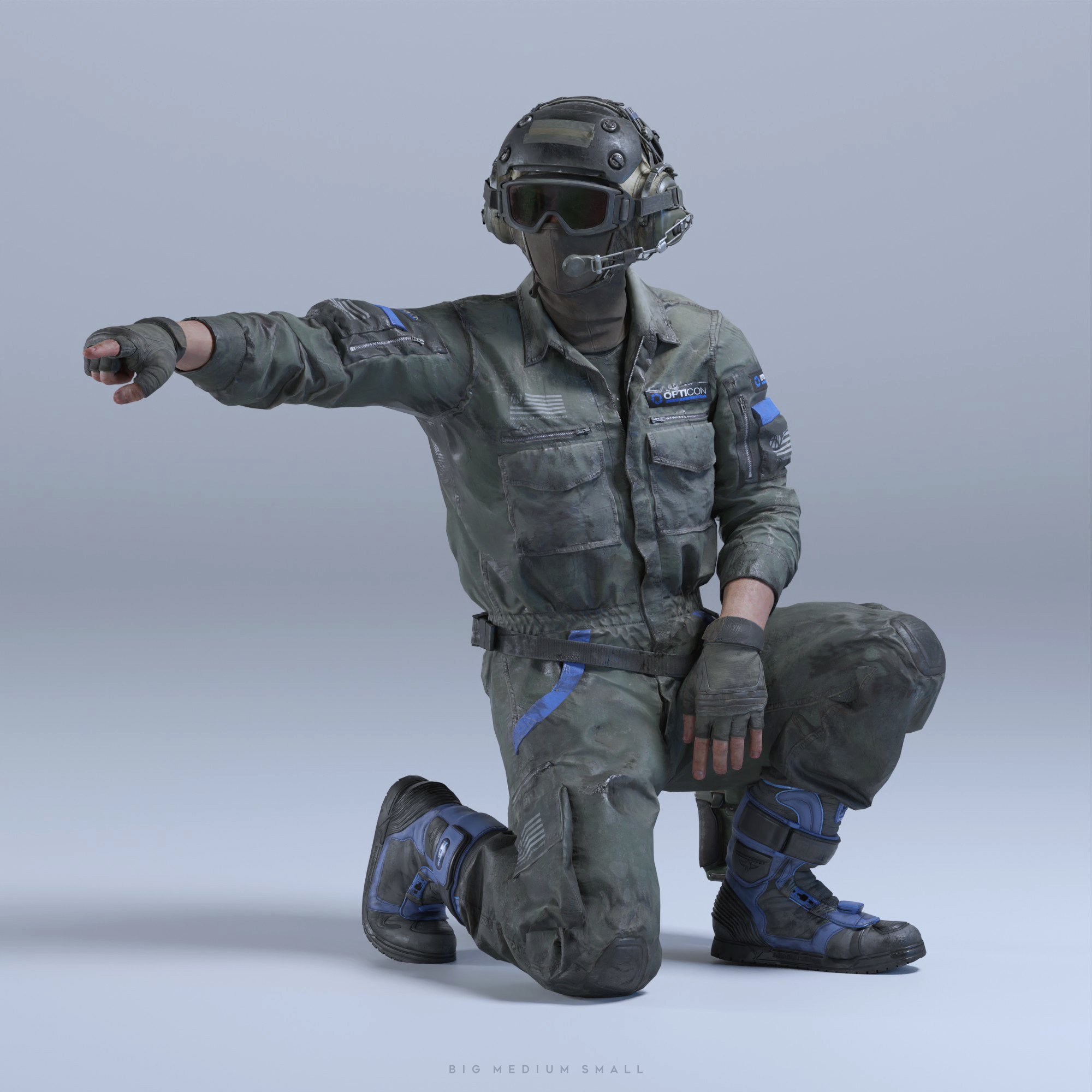 the image is a highquality 3d render of a soldier or operator, kneeling and pointing.  the figure is dressed in a detailed, worn combat jumpsuit with blue accents and protective gear, including a helmet with goggles, a balaclava, kneepads, and boots. the background is a simple, light gray, which helps the detailed figure stand out.  the soldier appears to be ready for action, but is not holding any weapons. a patch that says "opticon" is visible on the uniform. the overall style blends elements of realism and a slightly futuristic or scifi aesthetic. the image quality is highly realistic and possibly intended for use in video games or other digital media. the caption "big medium small" suggests that this might be a model available in different sizes.