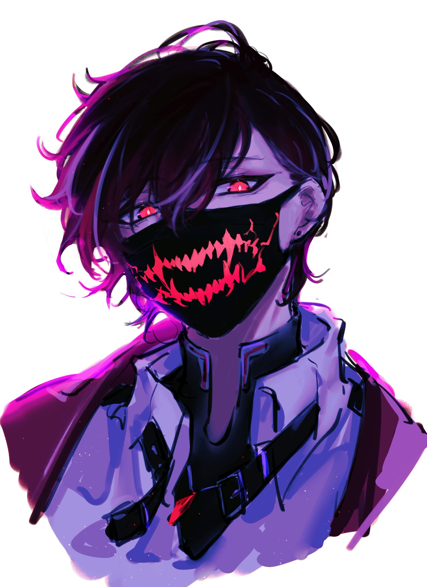 a digital art illustration of an anime character with a scary black mask with red glowing teeth on it. the character's eyes are red. the character is wearing a white shirt with a black strap on it.  the character has black hair. the background is white. the overall vibe of the image is edgy, cool, and futuristic.