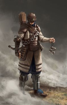 the image showcases a male warrior garbed in intricately designed armor that blends medieval and steampunk aesthetics. he stands amidst a hazy battlefield, his crossbow strapped to his back. he holds a string of metal spheres, possibly grenades or alchemical devices, hinting at his role in the unfolding conflict. his attire, a mix of leather, metal, and fabric, is rendered with meticulous detail, from the rivets on his breastplate to the buckles on his boots. the muted color palette and soft lighting enhance the image's gritty realism.