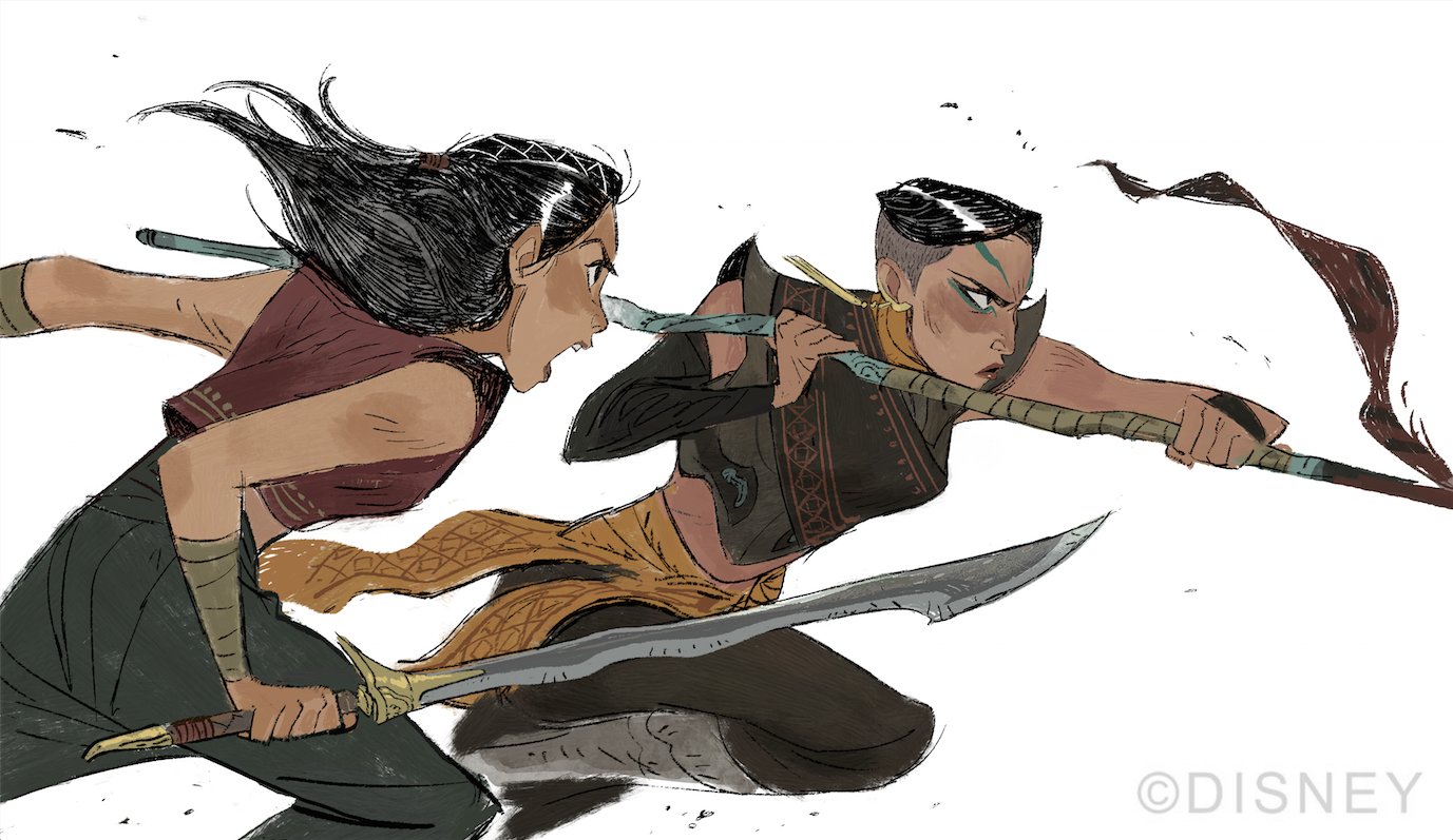 a drawing of two female warriors from a disney animated movie fighting. the one on the left is wielding a sword, while the one on the right is holding a spear. they both look fierce and determined as they clash in combat. the drawing is in a sketch style and has a sense of action and energy.