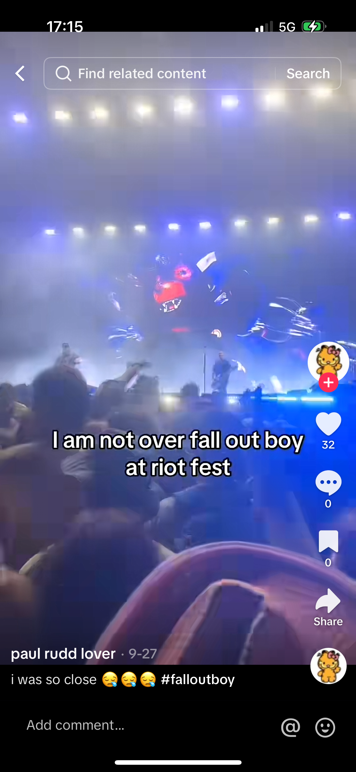 a video of the crowd at a fall out boy concert during riot fest, with the text "i am not over fall out boy at riot fest." overlayed. the crowd is cheering and singing along to the band's music. the stage lights are shining on the crowd, and the excitement of the concert is palpable.