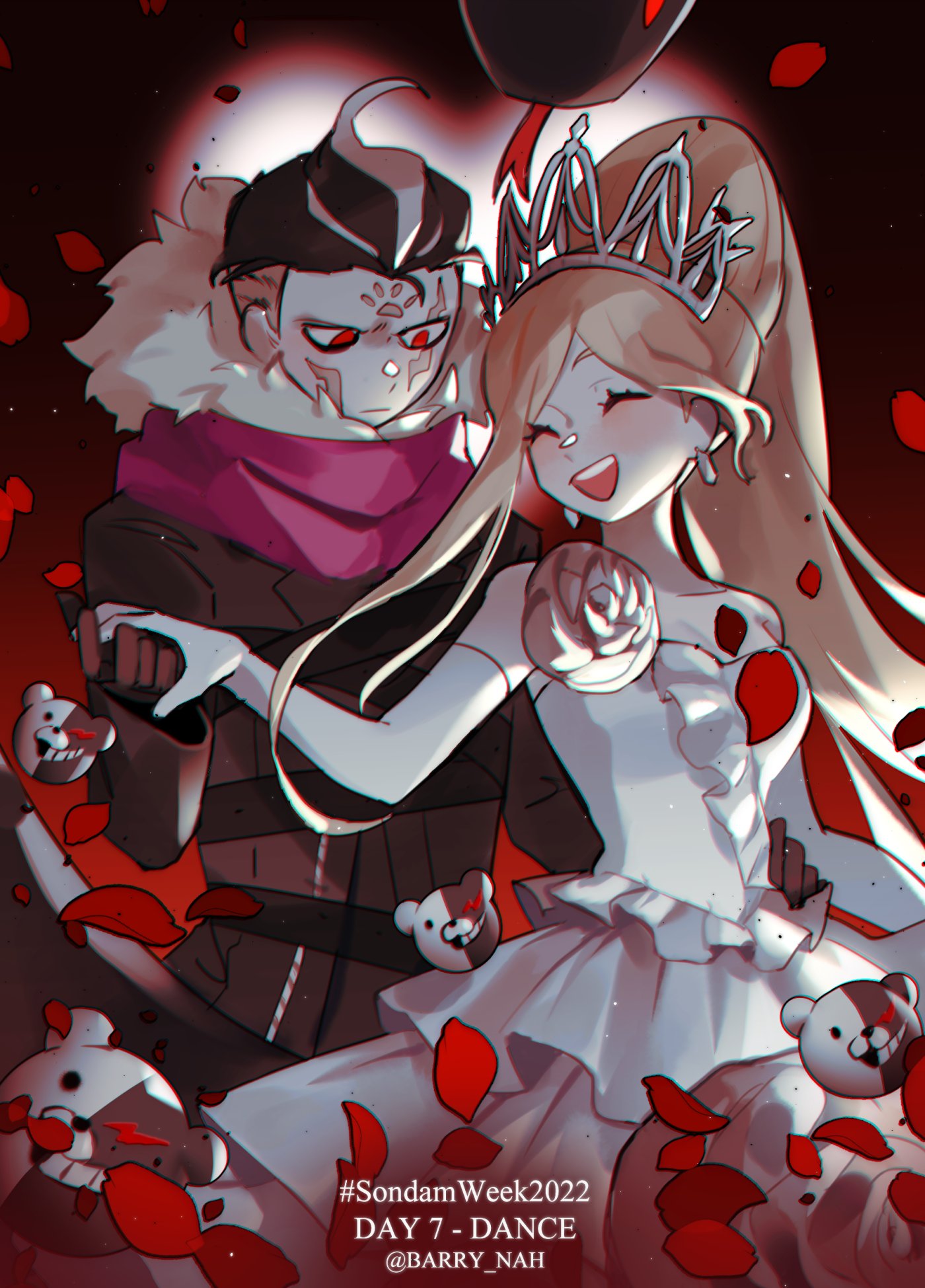 the image depicts a couple in an anime style. the female character has long blonde hair and is wearing a white dress with a rose on her chest. her eyes are closed and she is smiling. the male character has black hair and is wearing a black suit. he has his arms around the female character and is looking at her. the image is set against a background of red rose petals.
