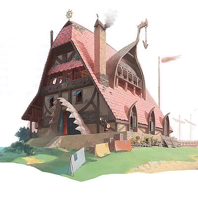 the image showcases a charming, whimsical fantasy house situated near a harbor.  the house is uniquely designed with a pinktiled roof shaped like the hull of a ship, complete with a decorative anchor on the top.  a large, stylized shark tooth forms part of the entrance.  the building exhibits a mix of medieval and coastal architectural elements, with timber framing visible.  the surrounding area suggests a small village or campsite, with tents, crates, and barrels scattered on the grassy land. several ships' masts are visible in the background, indicating a harbor setting. the overall style of the illustration is reminiscent of storybook or fairytale art, with bright colors and a charming, slightly fantastical aesthetic.