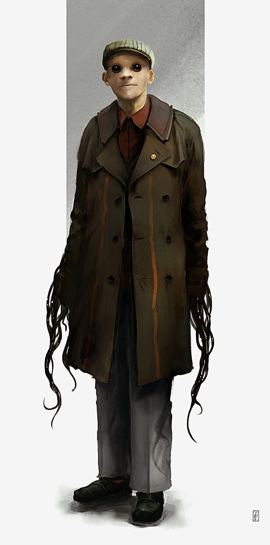 a man in a brown coat, black pants, and black shoes stares at the viewer with a blank expression. he is wearing a hat with a brim. he has large, dark eyes and a pale complexion. the man is standing in front of a light gray background. the edges of the image are blurred. the man's face is obscured by shadow.