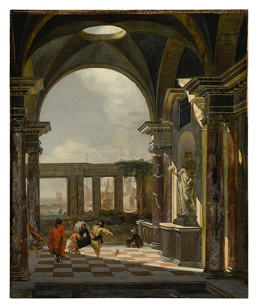 the image is a painting depicting an interior scene of an arcade, which opens onto a seascape. figures are present on a checkered floor within the arcade, some interacting with each other, while a statue stands prominently against the backdrop of the architecture. the arcade has a vaulted ceiling with an oculus, and light streams in, casting shadows. the seascape beyond shows boats in the distance, and there are architectural ruins visible.