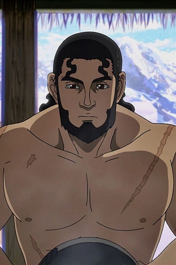 a closeup image of a muscular, barechested man with dark hair and beard. he has tribal tattoos on his face and scars on his chest and arms. he appears to be deep in thought or contemplation. the background suggests he is indoors, possibly in a bathhouse, with a snowy landscape visible through a window.