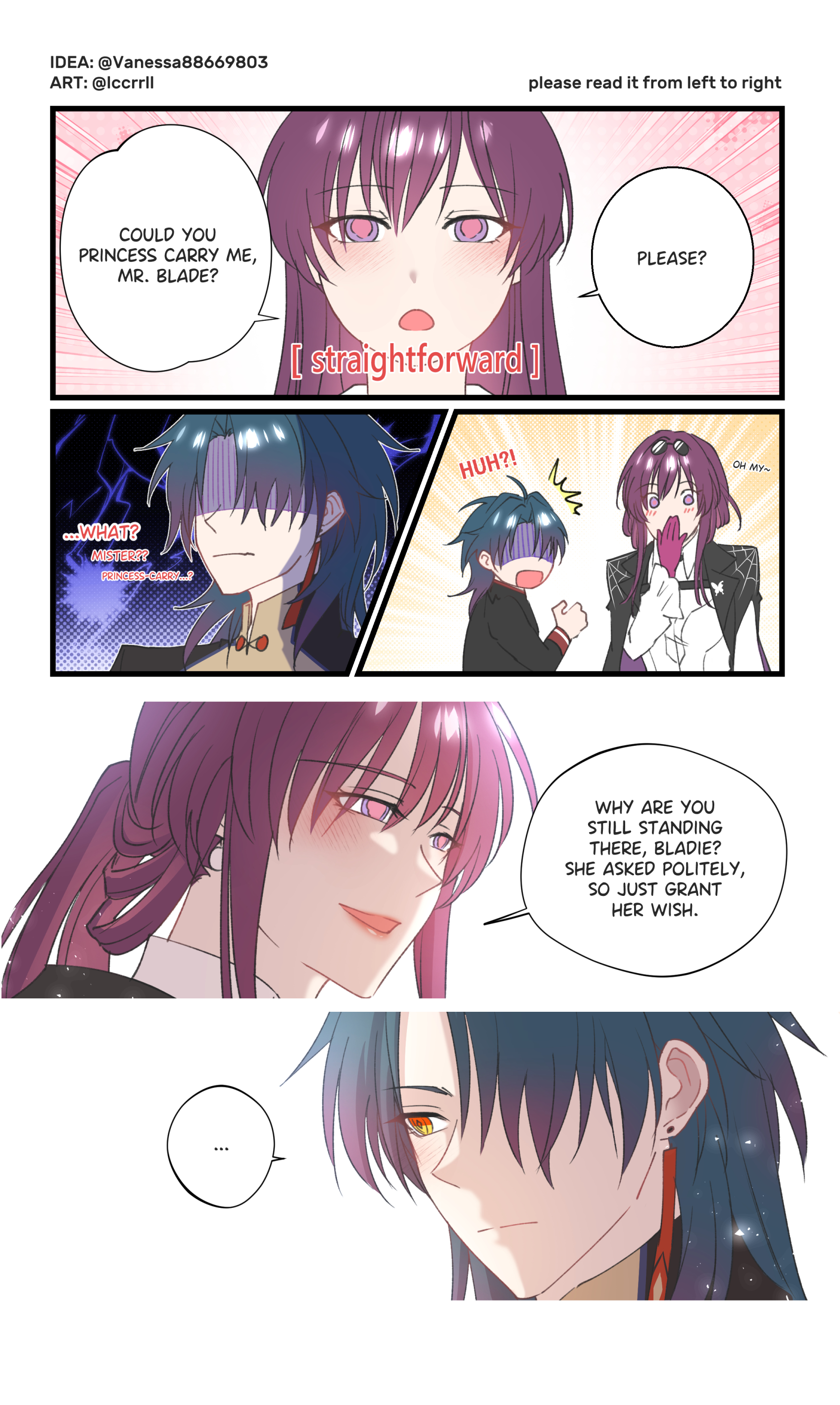 the image shows a comic style image with panels showing a conversation between a princess and a knight. the princess is requesting to be carried by the knight, and the knight is trying to figure out what she wants. the image has a purple, pink, and blue color scheme. the dialogue is in english.