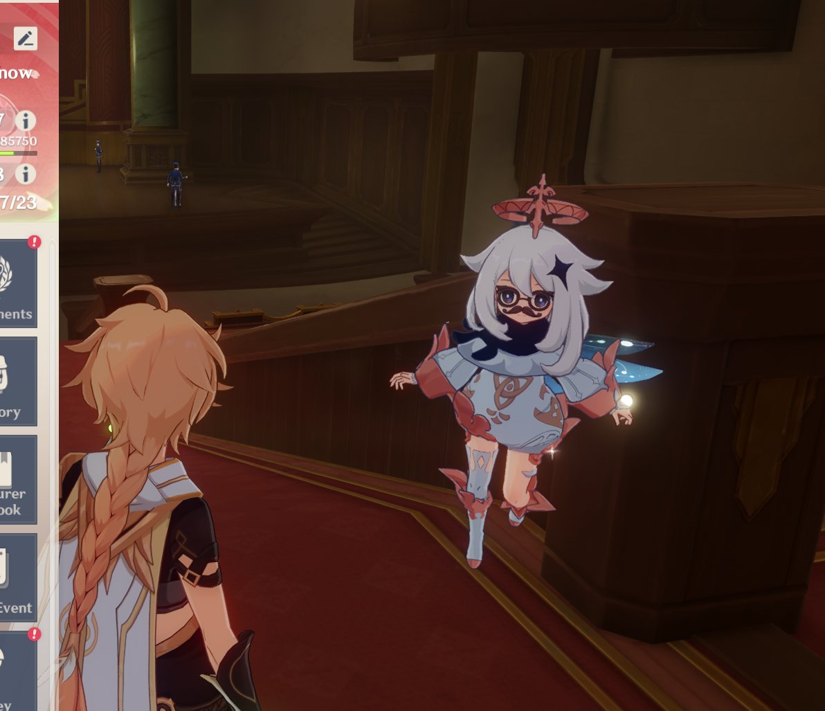a screenshot of the popular video game genshin impact showing an anime style female character in the game world.  the character is a girl with long white hair and is wearing a pink, blue and white dress.  a second character is standing behind the girl, but they are partially obscured by the girls hair.  the two characters are standing in a room with wooden floors and walls.  there is a doorway in the back of the room, and other character can be seen in the distance. the game's ui is visible at the side of the screenshot.