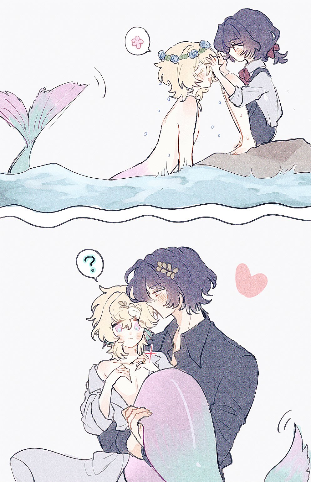 he image is a twopanel animestyle illustration. the top panel shows a blondehaired merman with a flower crown receiving a flower crown from a darkhaired boy sitting on a rock. the bottom panel shows the same two characters in a tender embrace, with the merman now in the darkhaired boy's arms. both panels feature soft pastel colors and whimsical elements. the art style is soft and romantic.