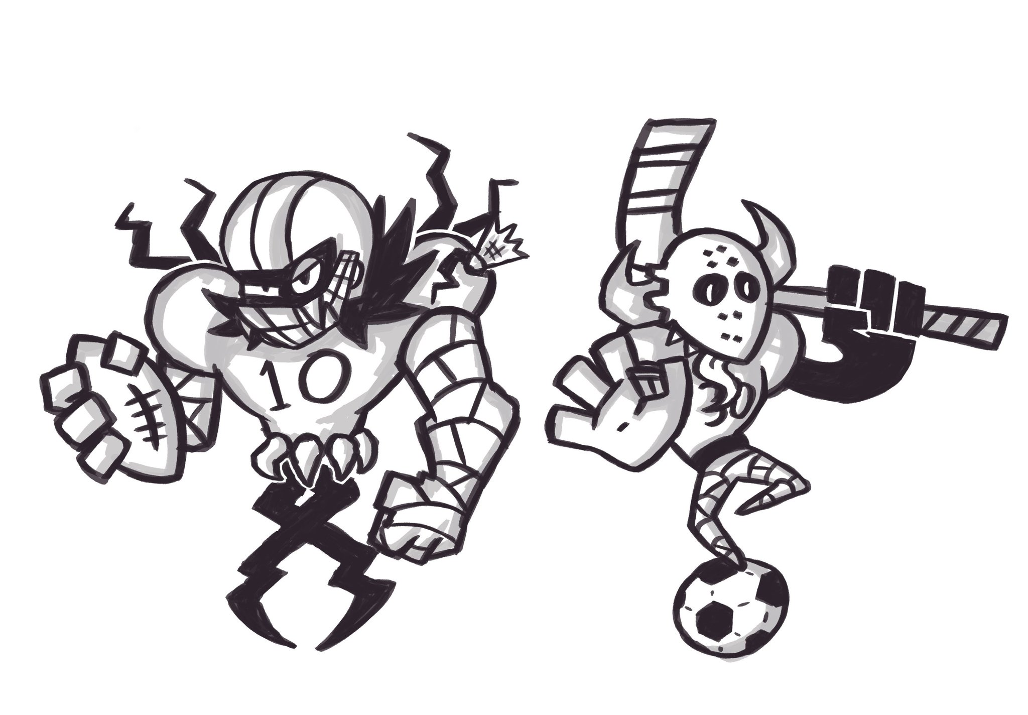 this is a black and white illustration of two cartoon characters. one is a football player wearing a helmet with the number 10 and the other is a hockey player with horns and a hockey stick. both characters are stylized monsters.