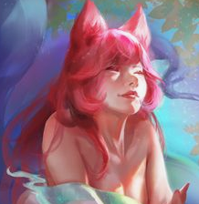 he image is a closeup portrait of a young woman with fox ears and long, flowing pink hair. she appears serene and dreamy, bathed in soft, natural light.  her expression is peaceful and her gaze is directed upwards, suggesting a sense of wonder and tranquility. the background is a blur of ethereal colors, creating a fantastical atmosphere. her attire is minimal, allowing the focus to remain on her features and expression.