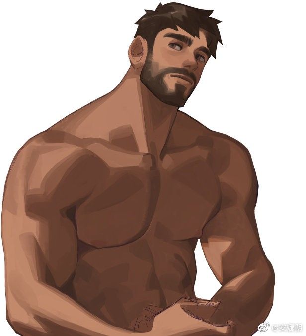 the image is a digital painting or illustration of a muscular, barechested man with dark hair and a beard. he has brown skin and a serious expression. he's looking slightly away from the viewer, and his physique is very welldefined. the style is somewhat realistic but with a stylized touch. the background is plain white, focusing all attention on the subject.