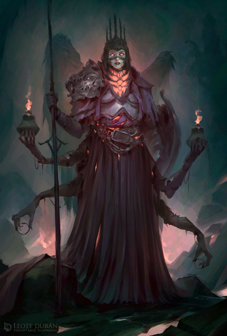 a woman wearing a dark robe, a crown, and wings stands in a dark and mysterious landscape. she has a dark, menacing expression on her face, and she is surrounded by darkness. her robes flow around her, and she is holding a torch in one hand. the woman appears to be powerful and evil.
