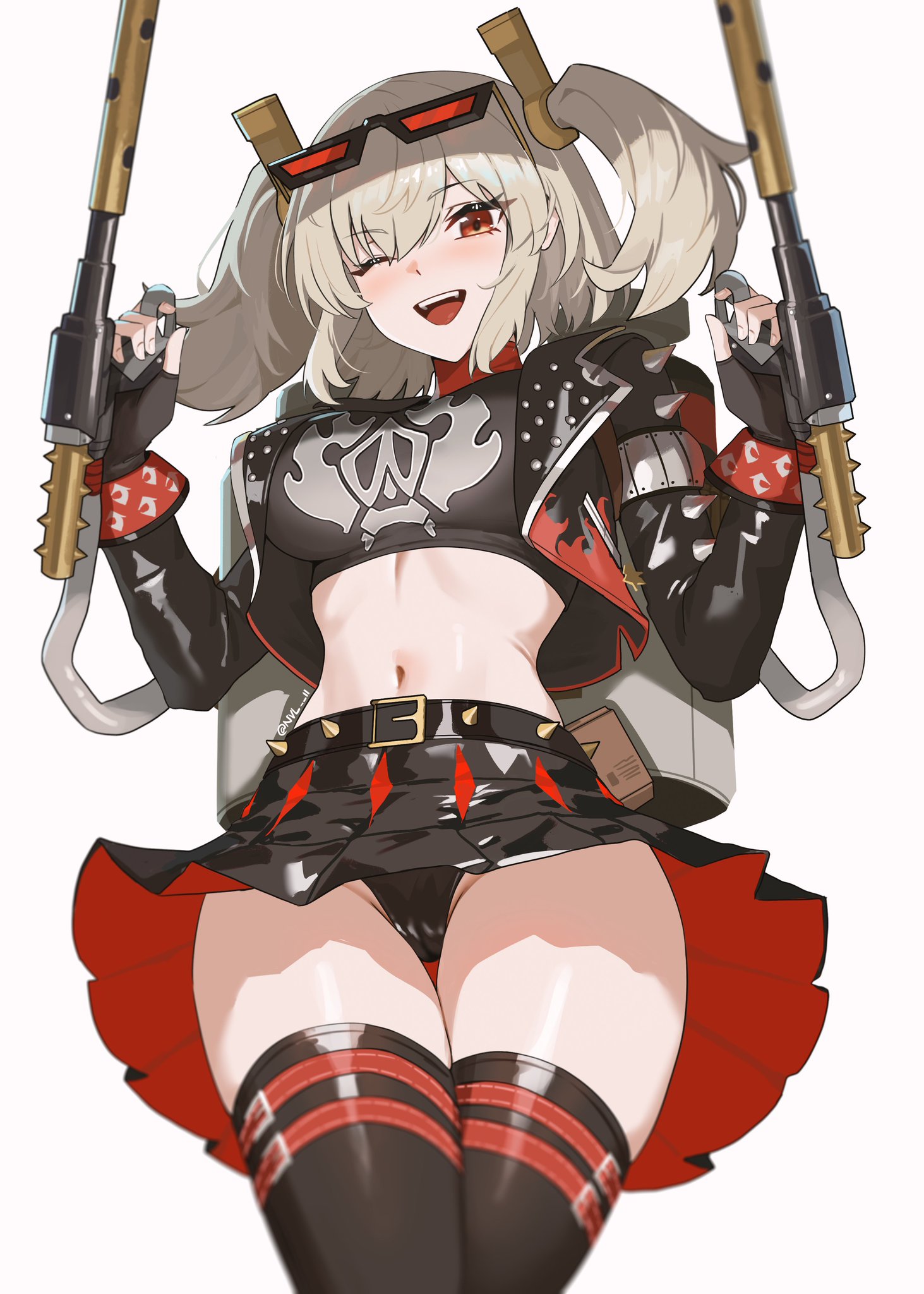 the image is a digital painting of an anime girl in a black and red outfit with two guns in her hands, one in each hand. she is smiling and looking confident with her hair in pigtails. the image is in a style that is similar to other popular anime art. the girl's outfit is black and red with black thigh highs and boots. the background is simple and white, which helps to make the girl the focus of the image.