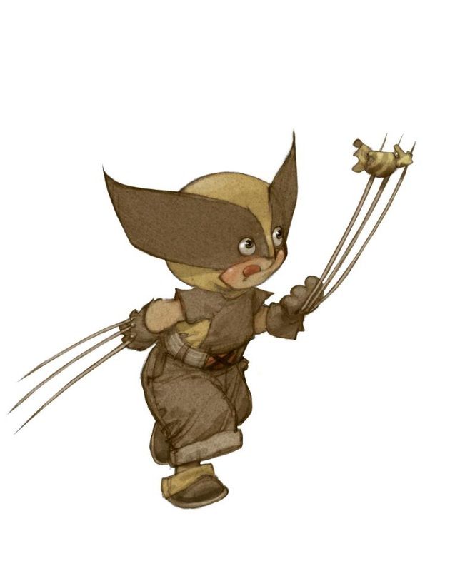 the image shows a cartoon illustration of the superhero wolverine as a baby or toddler. he is wearing his signature yellow and brown costume, complete with the iconic mask and three claws extending from each hand. the style is cute and whimsical.
