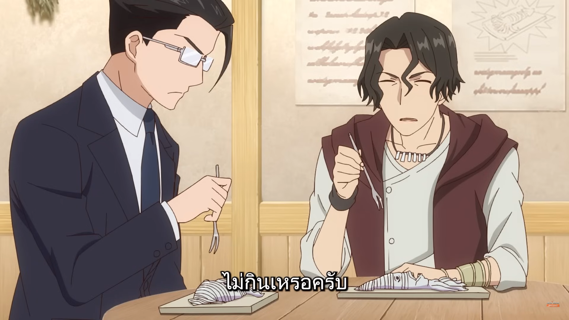two men sit across from each other at a table in a brightly lit restaurant.  the man on the left, dressed in a sharp suit and glasses, holds his chopsticks tensely as he looks at the man across from him. the other man, dressed more casually, stares intently at the fish on his plate, a troubled expression on his face. the atmosphere suggests a serious or uncomfortable conversation taking place.