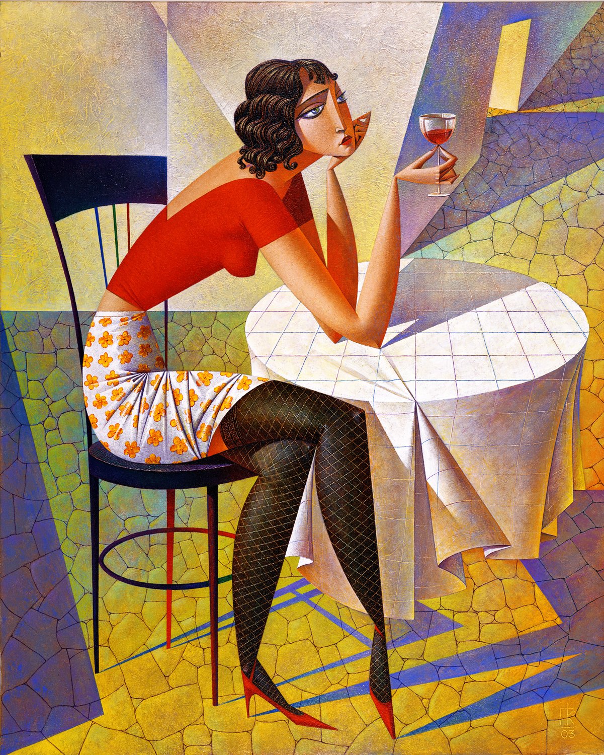 he image is a painting of a woman sitting at a table in a cafe. she is wearing a red dress and fishnet stockings. she is holding a glass of red wine and appears pensive. the style of the painting is cubist, with geometric shapes and bold colors. the scene is set in what appears to be a cafe with a patterned floor. the painting uses strong shadows and perspective to create depth and dimension.