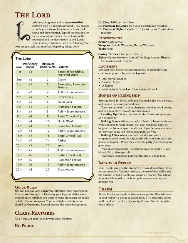the image is a character sheet for the lord class in dungeons and dragons. the sheet features a list of the class features, including hit points, proficiencies, bonds of friendship, improved strike, charm, and quick build. it also includes a description of the class, its strengths and weaknesses.