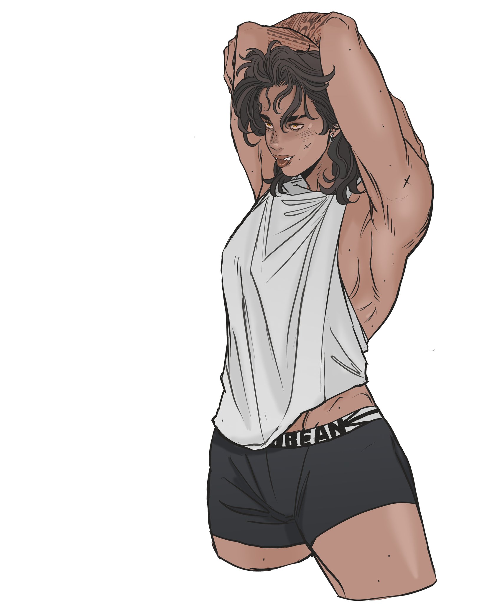 a digital drawing of a muscular woman with tanned skin and dark hair. she is wearing a white tank top and black shorts, with her arms raised above her head in a stretching pose. the woman has tattoos, a scar above her eye and fangs.