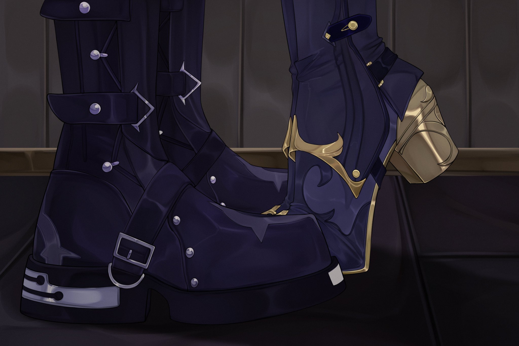 a closeup of a pair of black leather boots with gold accents and a pair of blue boots with gold accents.  the black boots are worn by a person standing to the left of the frame, while the blue boots are worn by a person standing to the right. the black boots are in sharp focus and the blue boots are slightly out of focus.