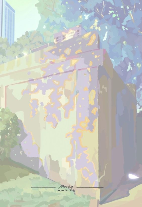 an illustration of a city building corner on a sunny day. the building is a light grey with purple and yellow accents. there are green trees on both sides of the building. the style is soft and pastel.