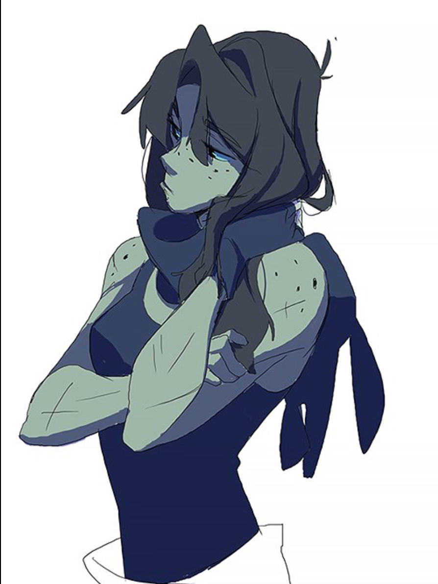 a digital illustration of a young woman with black hair with blue highlights. she is wearing a black top with blue highlights and has scars on her arms. she is looking down with a sad expression.  her eyes are a light blue and she has a slight smile. she is in a contemplative mood.