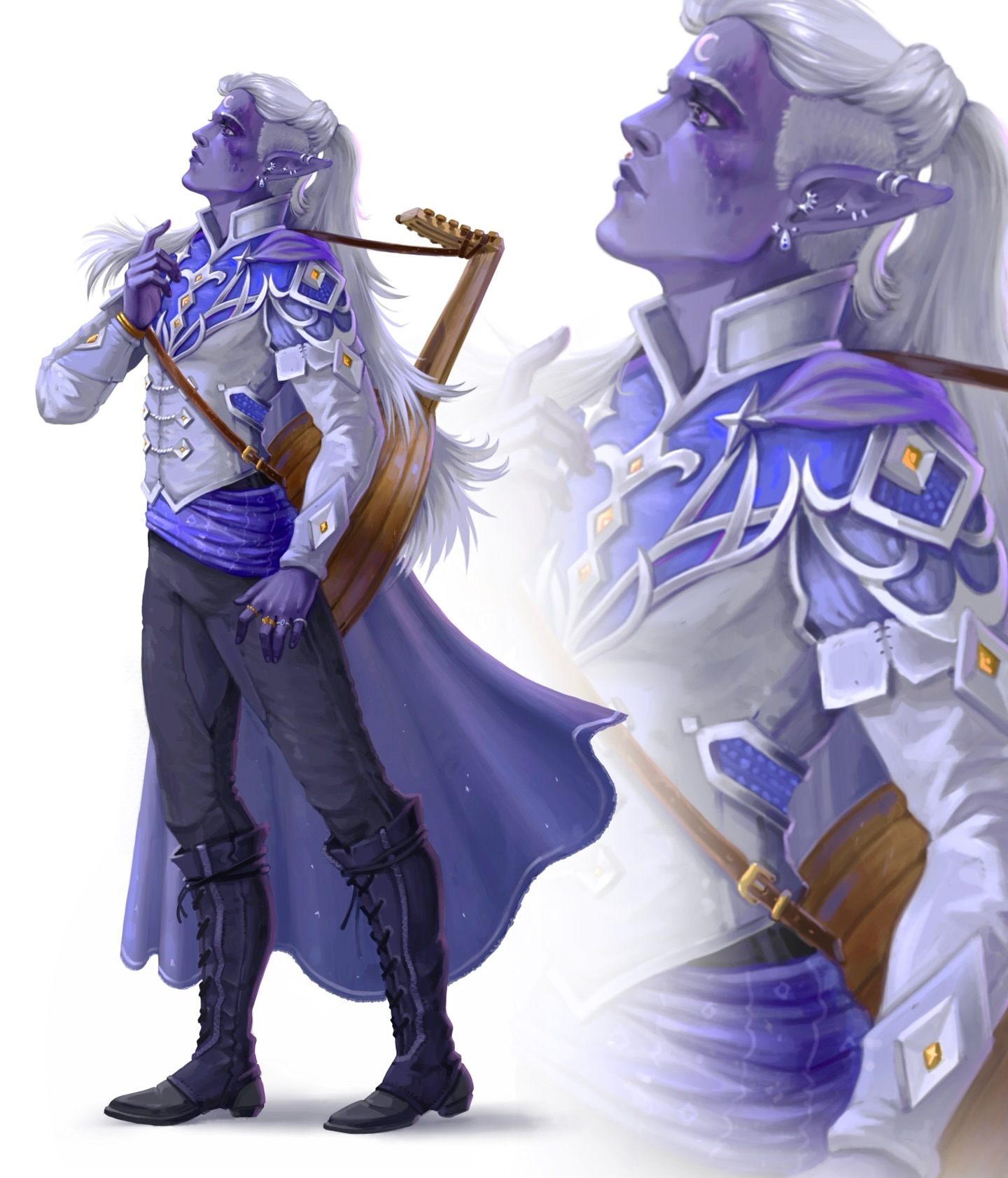 he image shows a digital painting of a male high elf bard. he is depicted in a fullbody view, standing and holding a lute. his clothing is ornate and consists of a white shirt with purple accents, purple pants, and tall boots. he wears a long, flowing purple cloak. the elf has long white hair and pointed ears.  he is paleskinned with touches of purple on his face. the background is white and slightly blurred, making the elf the focal point. a second, partially transparent image of the elf is superimposed, showing an alternate view of the costume. the overall style is fantasyinspired and elegant, suitable for use in a game or fantasy art context.