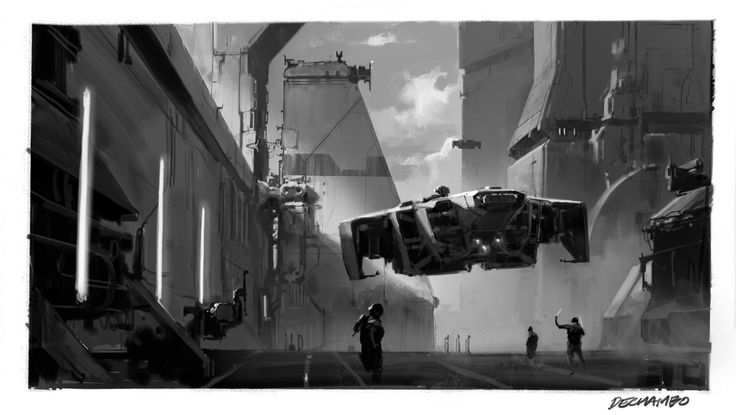 the image is a grayscale digital painting or concept sketch depicting a futuristic, possibly cyberpunk, cityscape.  the scene is dominated by a flying vehicle, hovering between tall, industriallooking buildings. the architecture appears aged and worn, with a mix of towering structures and more dilapidated alleyways. several human figures are sparsely placed in the scene, creating a sense of scale and isolation. the overall mood is atmospheric and somewhat desolate, with strong contrasts in light and shadow adding to the dramatic effect. the artist's signature, "dechambo," is visible in the bottom right corner.  the style is loose and painterly, with a rough texture evident in the brushstrokes.