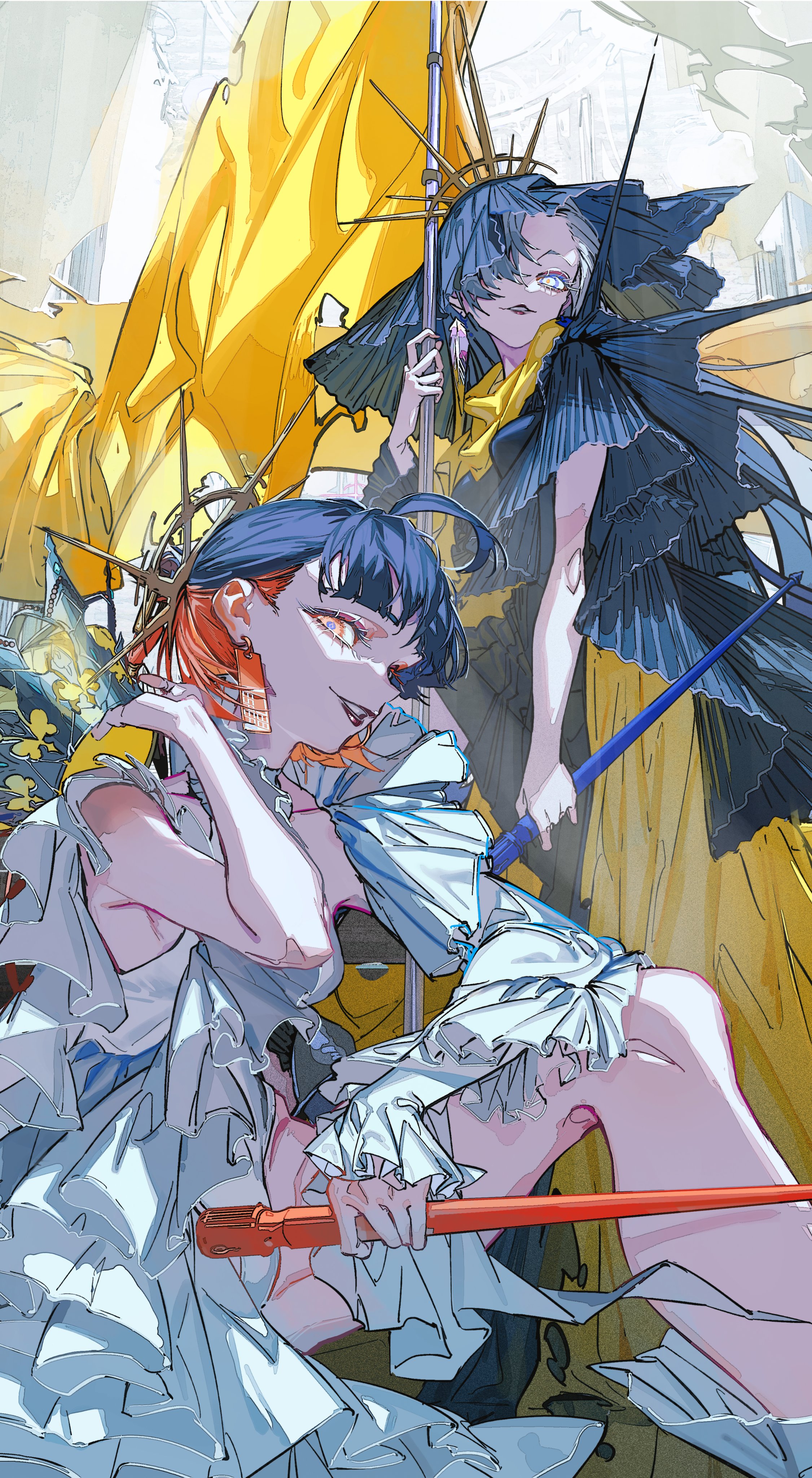 the image depicts two anime girls in a fantasy setting. one of the girls is wearing a blue and black dress with yellow trim, and the other is wearing a white dress with red trim. the girl in the blue and black dress is holding a staff, while the girl in the white dress is holding a sword. both girls are posed in dramatic, actionpacked poses. the background is abstract and colorful, featuring a mix of yellow, blue, and white colors. the overall style of the image is dynamic and colorful, with a sense of action and movement.