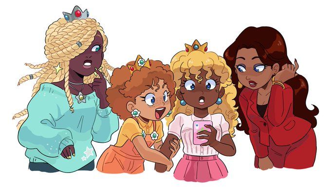 the illustration depicts four young women, styled as diverse versions of princess peach from the mario franchise. each princess has a unique hairstyle and skin tone: one has long blonde braids, another has curly brown hair, a third sports a blonde curly bob, and the fourth has long brown hair. they are dressed in fashionable, modern outfits.  three of them wear crowns.  two are looking at a smartphone held by one of the princesses. the overall style is colorful and cartoonish, reminiscent of a blend between classic cartoon and modern pop art aesthetics. the image likely represents a fancreated interpretation of the classic character.