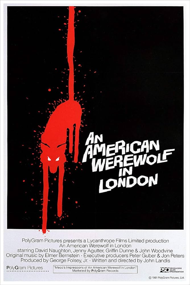 this is a movie poster for the 1981 horror film "an american werewolf in london" by director john landis. the poster features a red silhouette of a werewolf on a black background with the movie title in white text. it also features details about the cast, crew, production companies, and soundtrack.