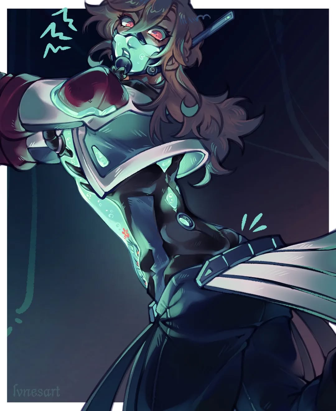 the artwork depicts a stylized female character in a futuristic, possibly damaged, mech suit. the suit glows with a teal and green luminescence, particularly along the spine and around the character's face. the character's expression is one of possible discomfort or pain, indicated by her partially obscured face, red eyes, and a slight grimace. her hair is long and brown. the background is dark and indistinct, focusing attention on the detailed character and suit. the art style is reminiscent of anime and manga, with a blend of realistic and stylized features. a faint symbol resembling water is in the topleft corner, and "ivnesart" is in the bottomleft corner, likely the artist's signature. the overall mood is dark, mysterious, and slightly unsettling. the image appears to show some sort of injury or malfunction in the suit, with energy or fluid leaking from the back.