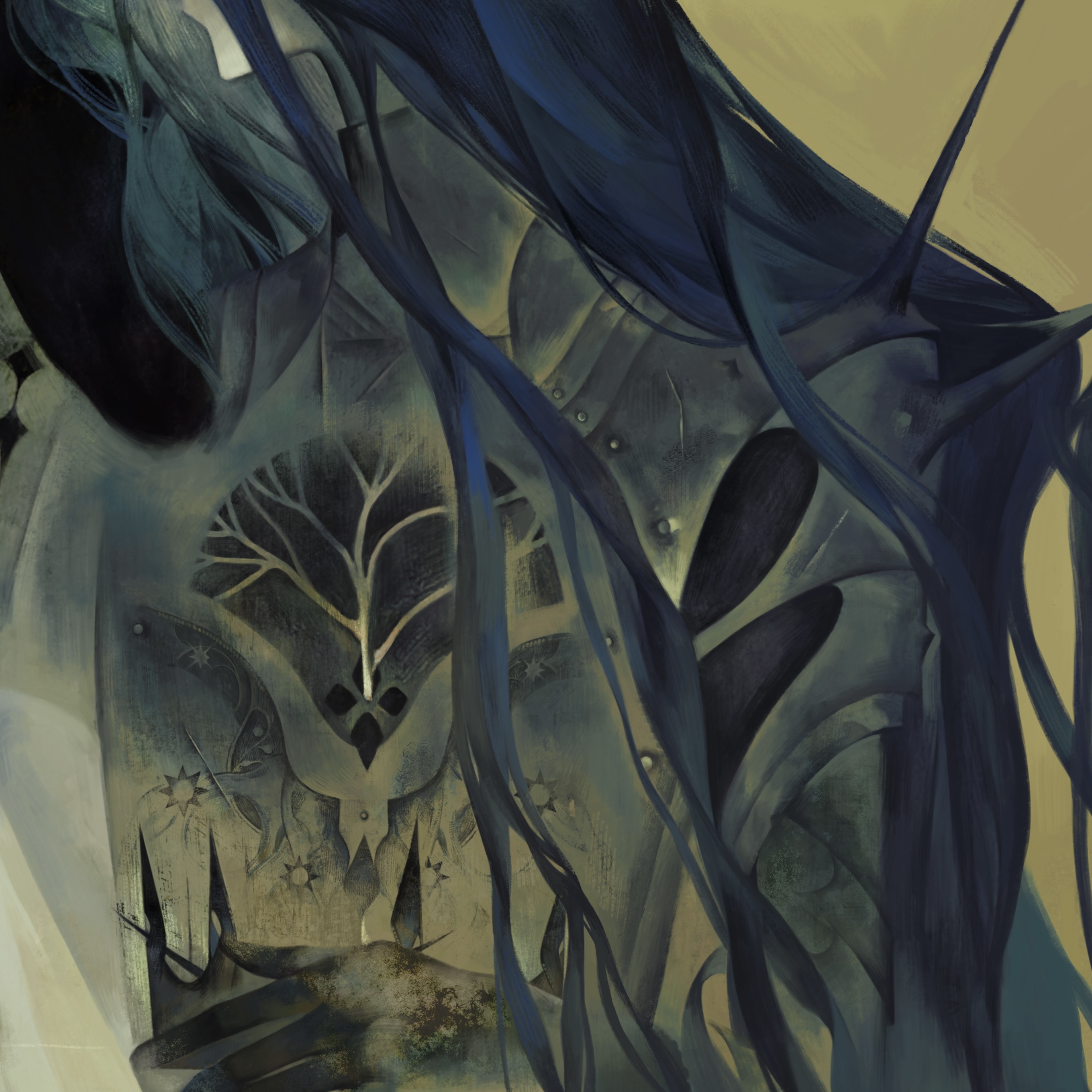 this digital art piece is a depiction of a female warrior in fantasy armor. she has long blue hair that covers most of her face.  the armor is ornate and intricately designed, with a tree motif embedded on her chest plate. the background is an abstract blur of blue and green, giving the image a dreamy and surreal atmosphere. the piece is likely an illustration for a fantasy story or game, as it conveys a sense of power and mystery.