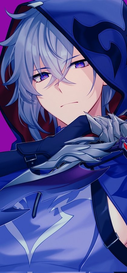 the image features an anime character with white hair, blue eyes, and a dark blue hood and cloak. he is holding a sharp, silver weapon in his hand. the character is looking forward with a serious expression. the background is dark blue and purple. the image is drawn in a stylized anime style.