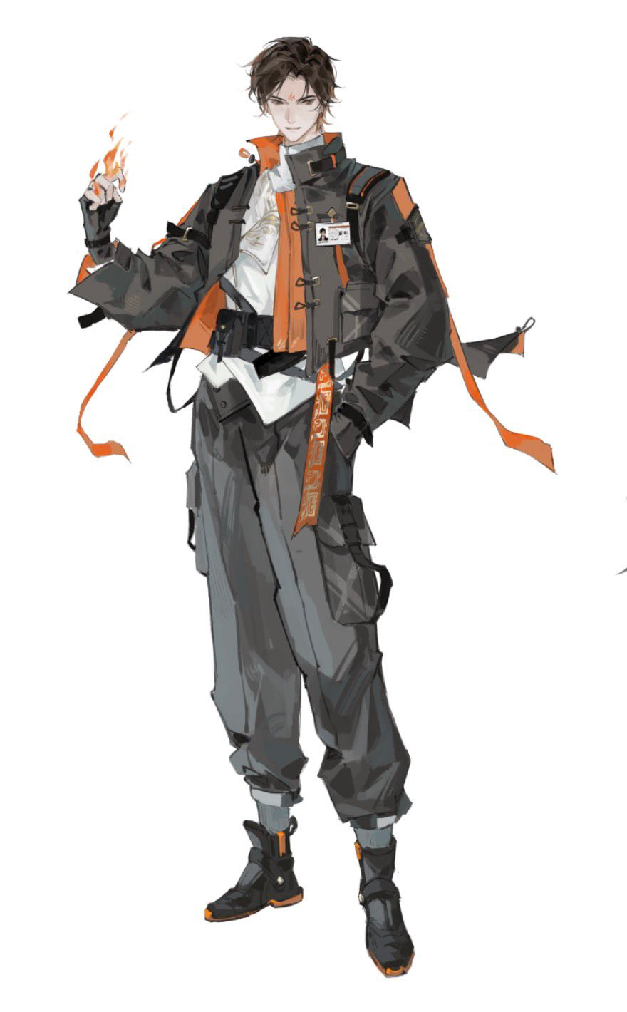 the image shows a full body illustration of a man in anime style. he has dark hair and fair skin, and is wearing a gray and black jacket with orange accents, matching pants, and black boots. he holds a small flame in his hand. the style is detailed with loose lines and shadows.