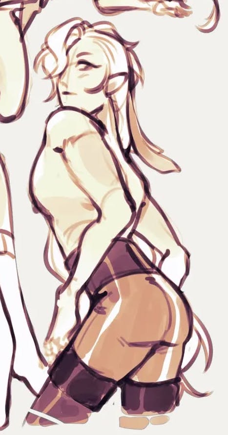 the image is a digital drawing or painting of a female character.  she has long white hair, and is shown from the side, in a dynamic pose, her body slightly turned away from the viewer. her outfit consists of a lightcolored top and short, formfitting dark bottoms and dark stockings. the art style is reminiscent of anime or manga, with soft lines and shading creating a somewhat ethereal look. the drawing is highly stylized, focusing on conveying a sense of movement and attitude rather than photorealistic detail.  a portion of another figure is visible in the background.  the overall tone is light and airy.