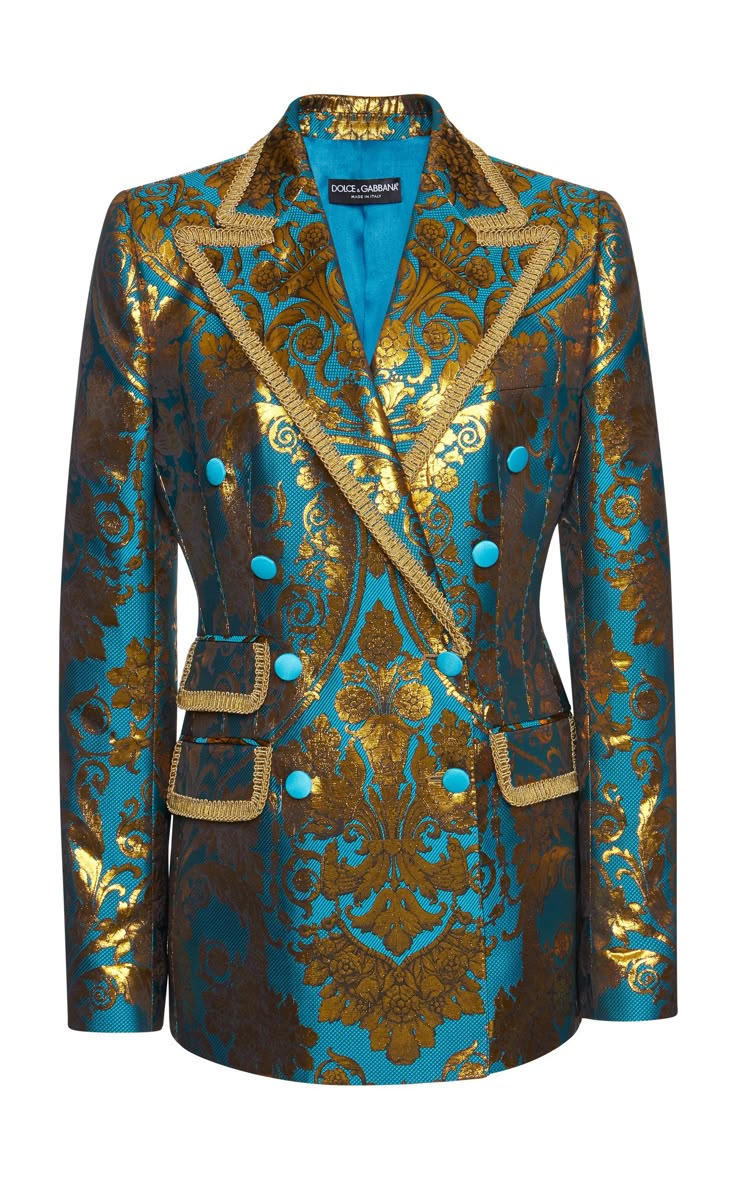 a bright turquoise and gold dolce & gabbana doublebreasted blazer with intricate patterns, gold rope trim, and flap pockets.
