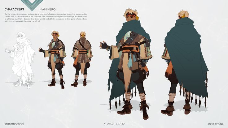 he image shows concept art for a main hero character in a video game.  the art includes multiple views of the character – front, back, and side – showcasing different design iterations. the character is dressed in fantasystyle clothing with distinctive ethnic patterns. the design process notes mention considerations for the cape, indicating the design team’s intention to allow for gameplay situations where the cape may or may not be worn.  the artwork's style is clean and digitally rendered with muted color tones, and credits "scream school" and "anna fedina" are visible at the bottom.
