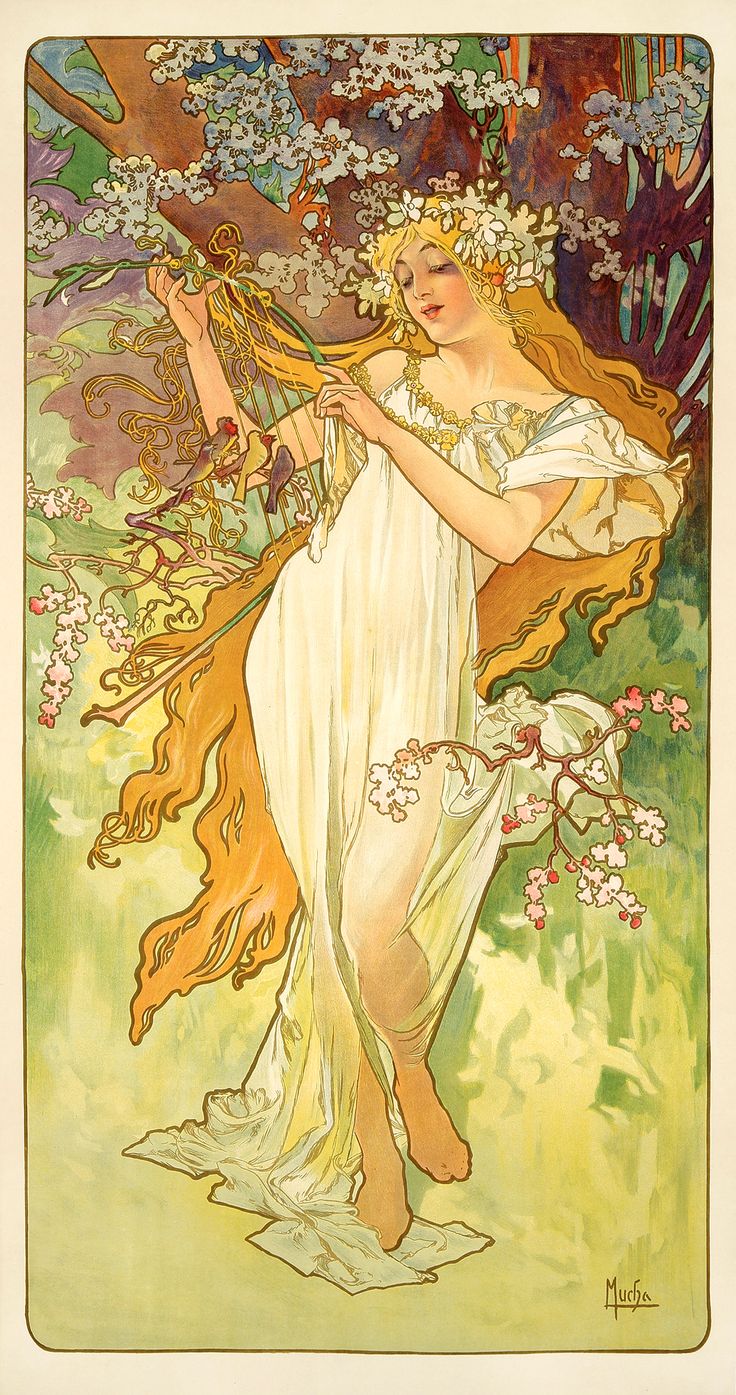 this image is a reproduction of alphonse mucha's art nouveau poster, often titled "spring."  it depicts a beautiful, ethereal woman with flowing golden hair adorned with a crown of white blossoms. she wears a flowing white dress and holds a harplike instrument.  she is surrounded by blooming cherry blossoms and birds, creating a vibrant and idyllic springtime scene. the style is characteristic of mucha's work, with its graceful lines, decorative elements, and pastel color palette.  the artist's signature is visible in the lower right corner.
