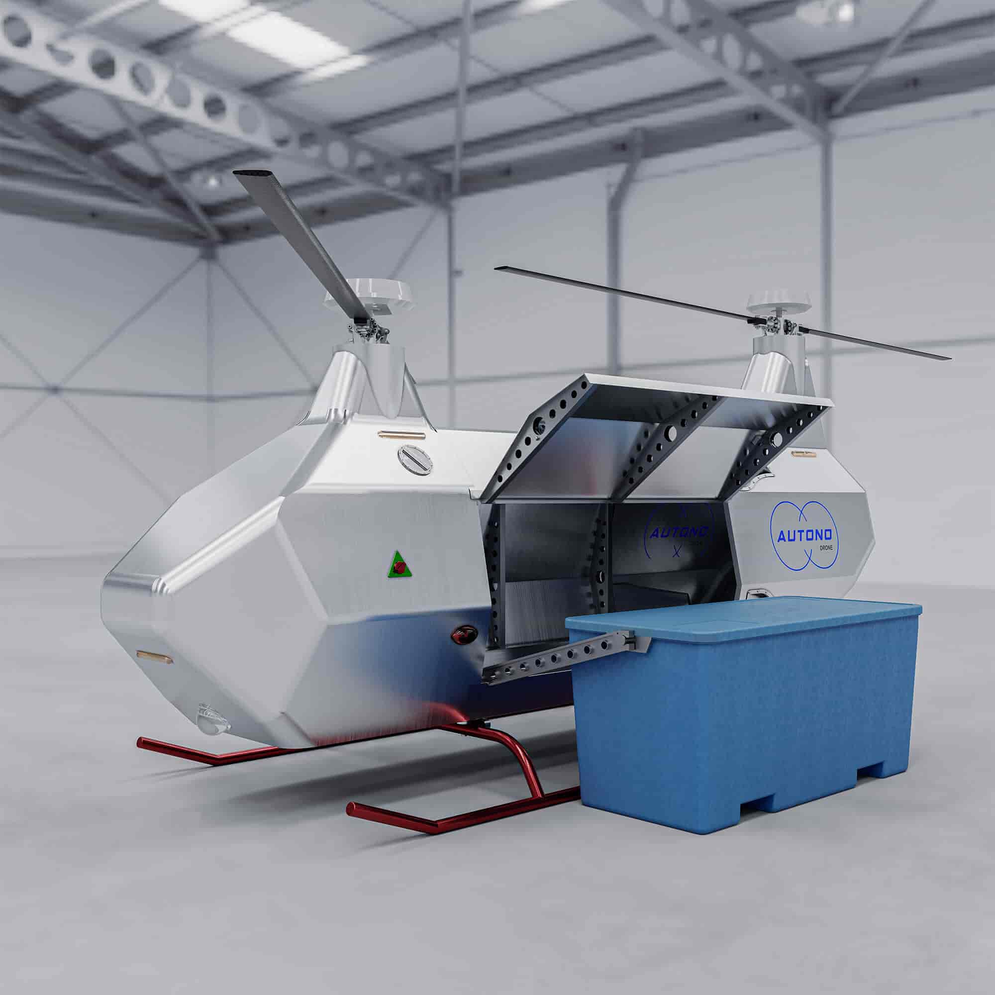 a futuristic drone, resembling a small helicopter, stands in a hangar. it's silver and metallic, with a blue container attached. the drone has a large, open compartment, suggesting a cargo transport vehicle. the drone is advancedlooking, with a sleek design and a focus on technological features.