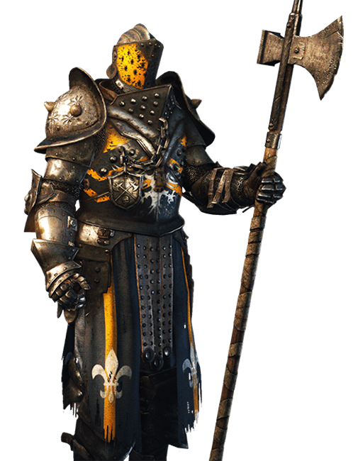 a knight in full armor, standing holding a polearm with an axe head. he has on a dark, distressed armor with golden accents and is wearing a black and gold colored tunic with a white lily design.  he is holding the polearm in his right hand with his right arm up and bent.  his left arm is down and he is gripping his left hand. he has a black helmet with a golden mask that appears to be damaged with a white and black design on it. the background is black.